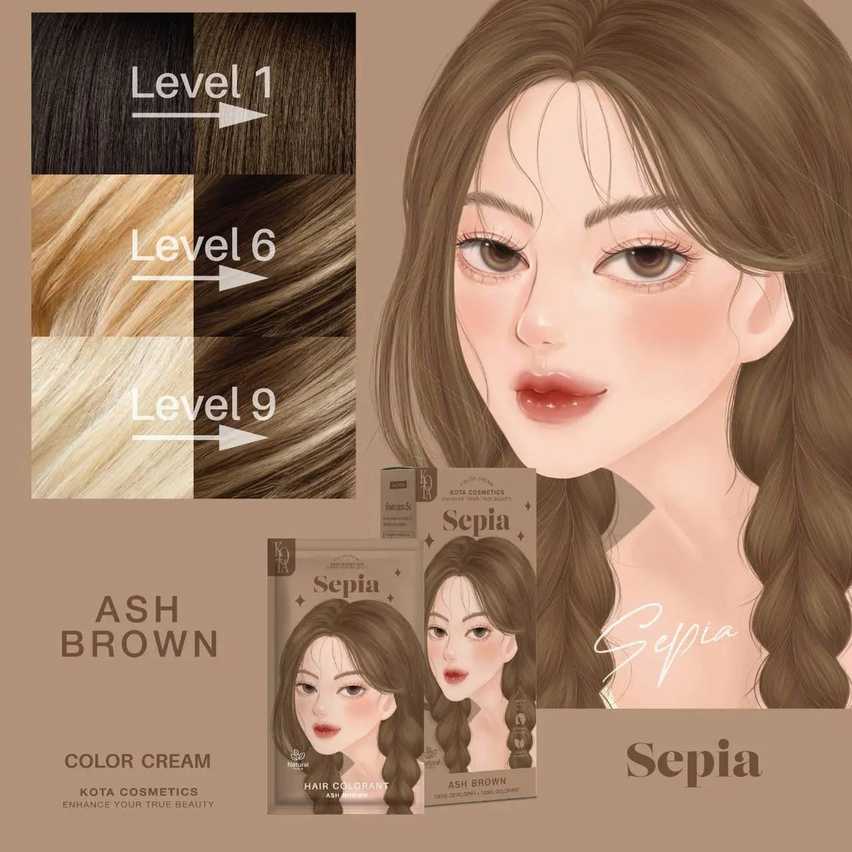 KOTA Cosmetics Sepia Ash Brown Color Cream 200ml (Made in Thailand)